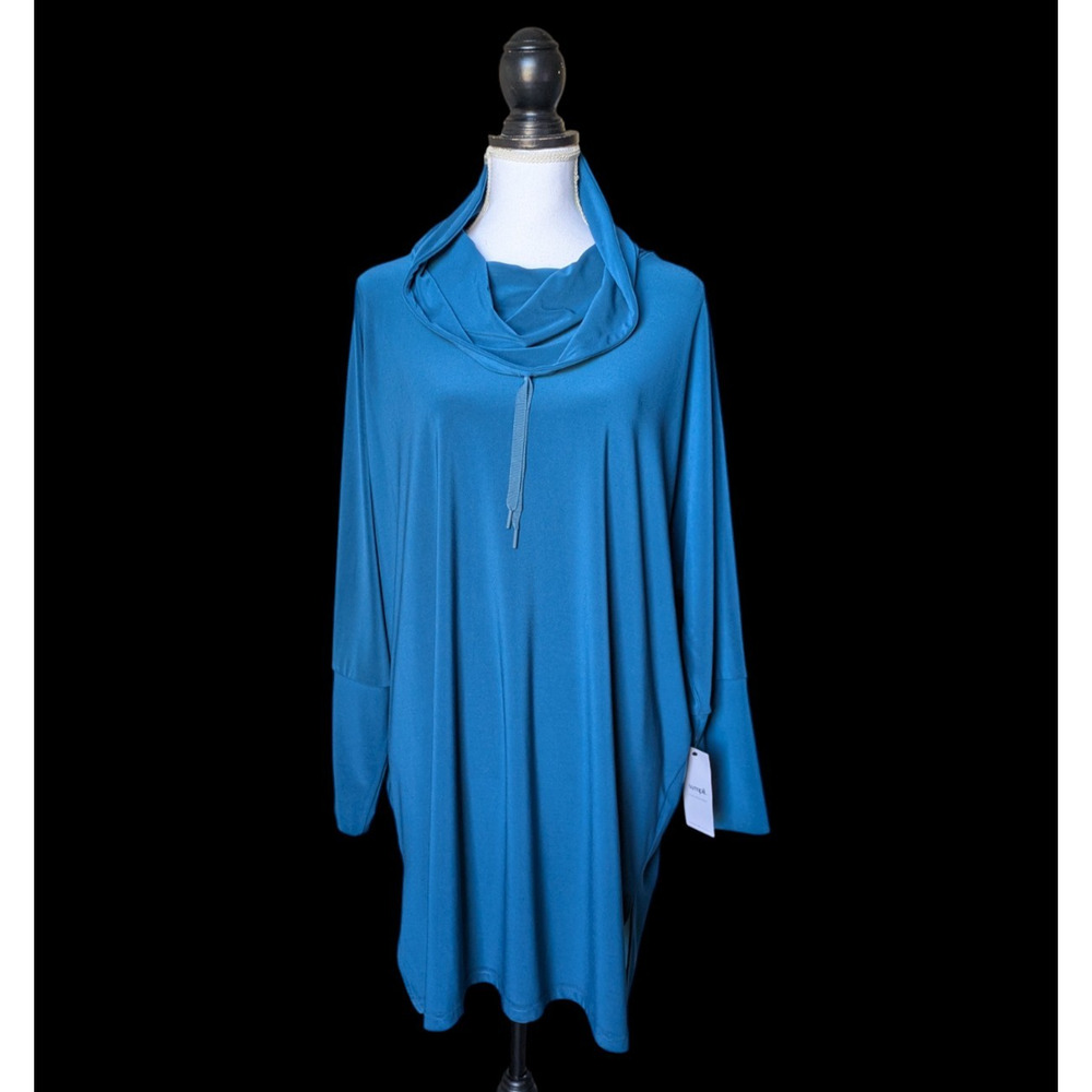 Sympli Canada Crisscross Tunic Top in Dragonfly Teal Blue New Size 16 Cowl Neck